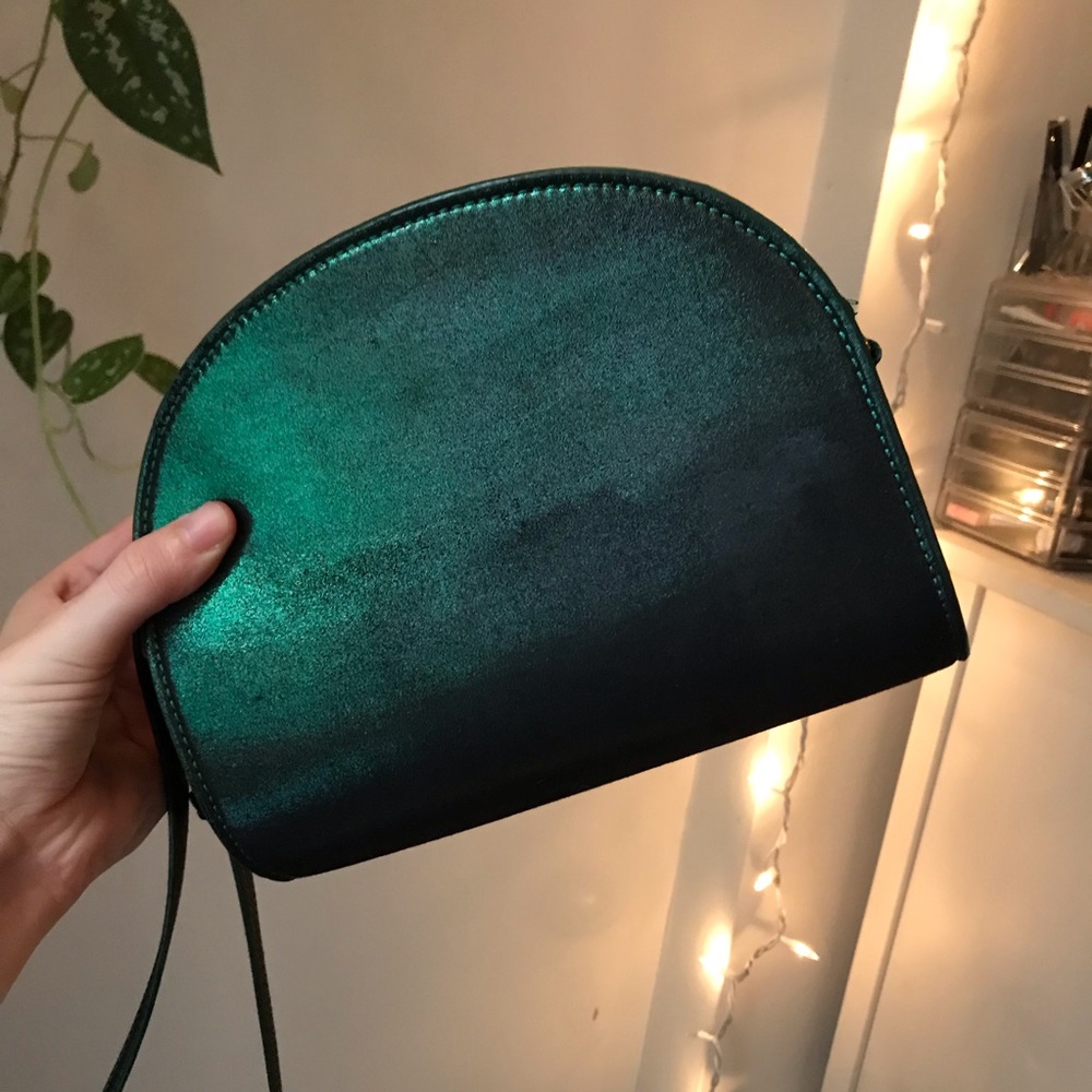 Oil spill metallic green cross body purse